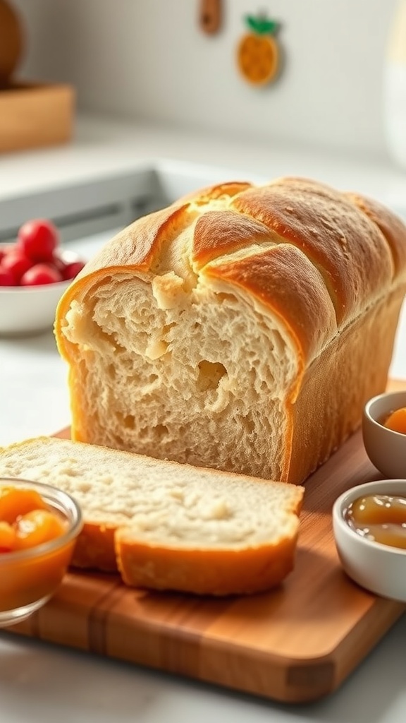 Soft and Easy Bread for 8-Month-Old Babies Soft and fluffy bread for babies, sliced into pieces, on a wooden cutting board with pureed fruits.